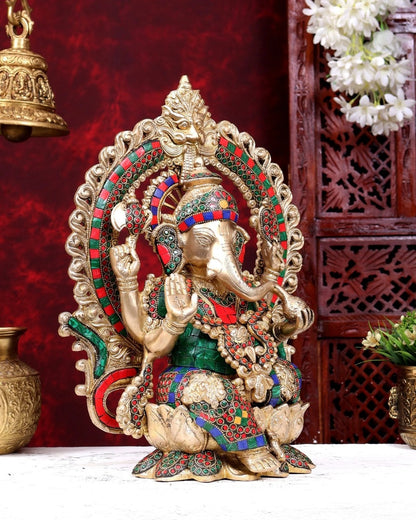 Brassaura® Ganesha Seated on Lotus with Prabhavali Arch and Multi-Color Meenakari Finish | Pure Superfine Brass Handcrafted Murti | Brass Statue for Home Temple, Pooja Room | Height 15.5 Inches | Weight 12 Kgs