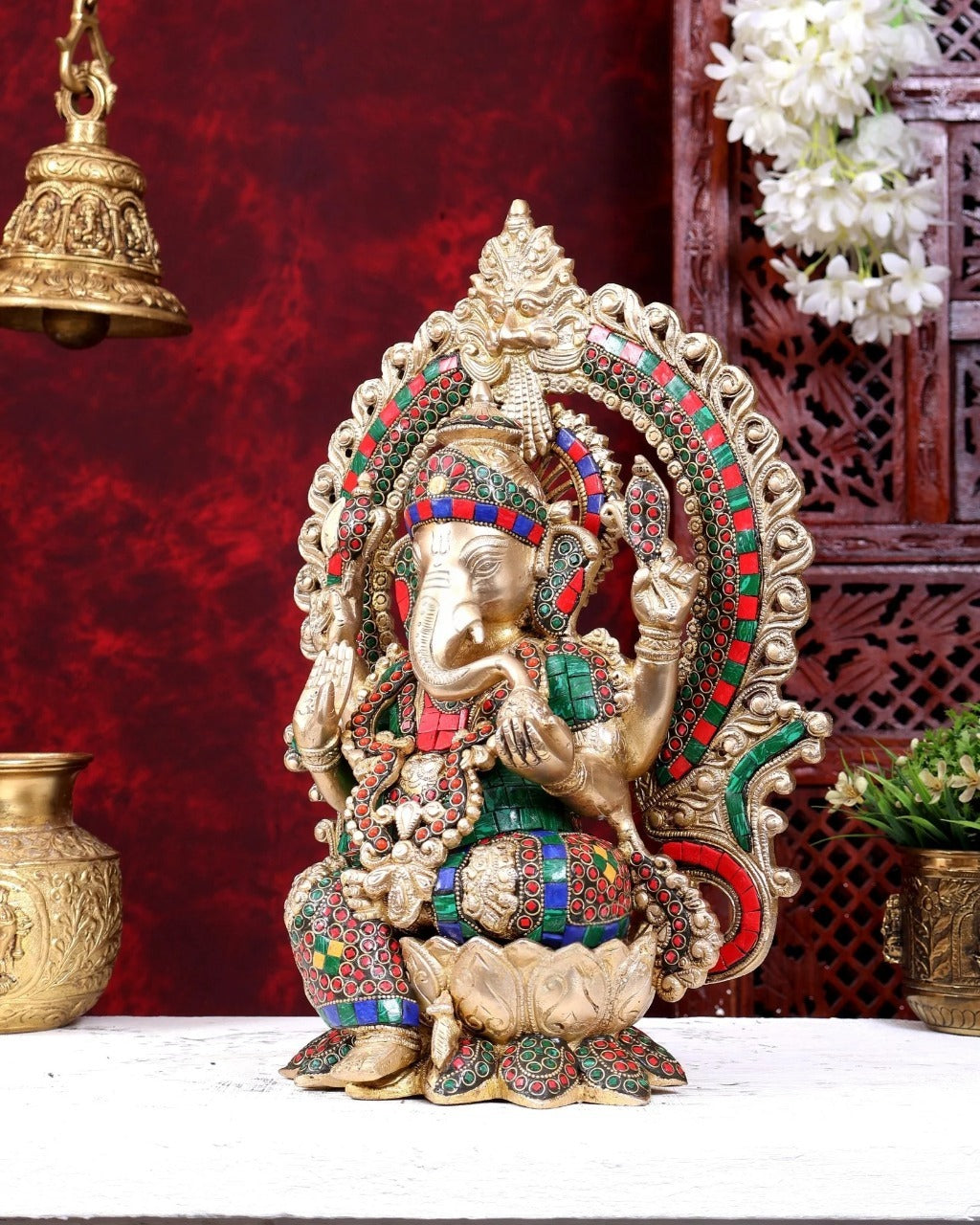Brassaura® Ganesha Seated on Lotus with Prabhavali Arch and Multi-Color Meenakari Finish | Pure Superfine Brass Handcrafted Murti | Brass Statue for Home Temple, Pooja Room | Height 15.5 Inches | Weight 12 Kgs