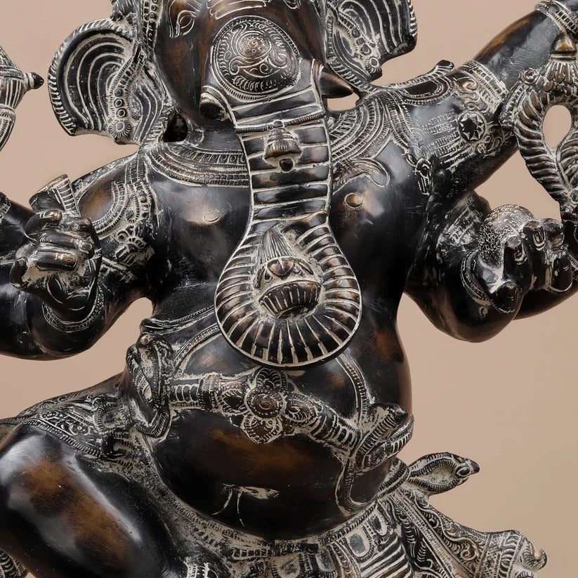 Brassaura® Dancing Ganesha Idol with Black & Silver Antique Finish | Pure Superfine Brass Handcrafted Murti | Brass Statue for Home Temple, Pooja Room | Height 30 Inches | Weight 34.24 Kgs