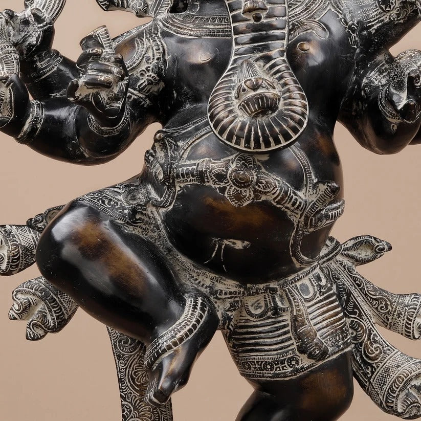 Brassaura® Dancing Ganesha Idol with Black & Silver Antique Finish | Pure Superfine Brass Handcrafted Murti | Brass Statue for Home Temple, Pooja Room | Height 30 Inches | Weight 34.24 Kgs