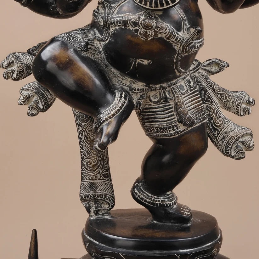 Brassaura® Dancing Ganesha Idol with Black & Silver Antique Finish | Pure Superfine Brass Handcrafted Murti | Brass Statue for Home Temple, Pooja Room | Height 30 Inches | Weight 34.24 Kgs