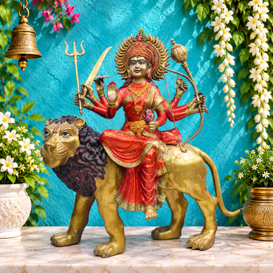 Brassaura® Brass Goddess Durga on Lion Statue | Height 58 Inches | Weight: 182 kg
