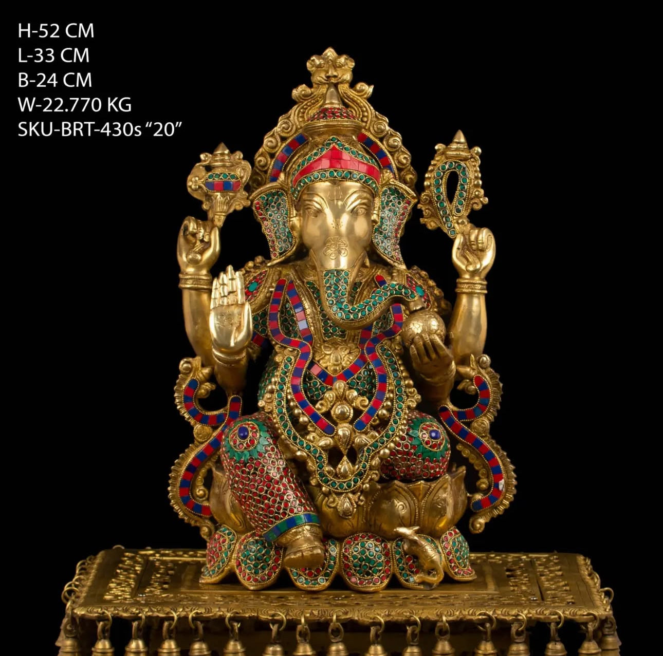 Brassaura™ Brass Jewellery Ganesha Gemstone Work Statue – Height 20.5 Inch, Weight 22.77 Kg | Solid Brass Murti