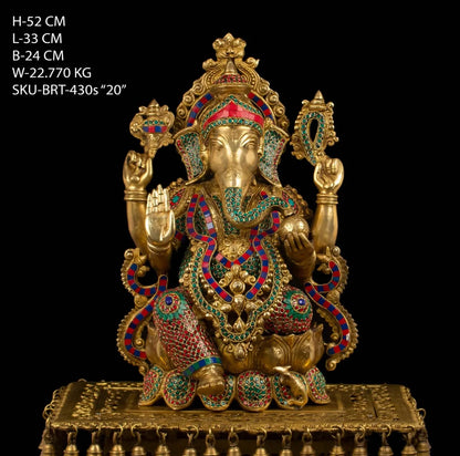 Brassaura™ Brass Jewellery Ganesha Gemstone Work Statue – Height 20.5 Inch, Weight 22.77 Kg | Solid Brass Murti