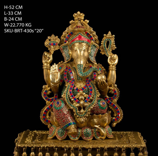Brassaura™ Brass Jewellery Ganesha Gemstone Work Statue – Height 20.5 Inch, Weight 22.77 Kg | Solid Brass Murti