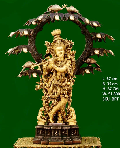 Brassaura® Brass Lord Krishna Under Kalpavriksha Tree | Solid Brass Handcrafted Krishna Murti with Cow & Peacock | Grand Temple Décor, Spiritual Home Accent & Luxury Gifting | Height 34.3 Inches | Weight 51.8 Kg