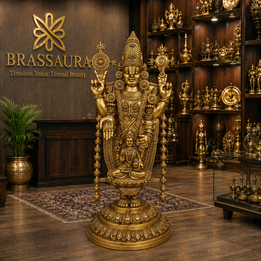 Brassaura® Brass Balaji & Lakshmi Idol for Home Temple Decor | Height 35 Inches