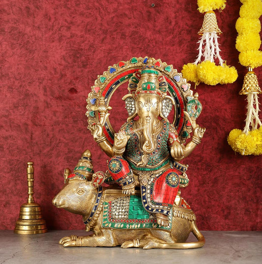 Brassaura™ Brass Ganesha on Mooshak – Meenakari & Stonework | Height 16 Inches, Weight 16 Kgs