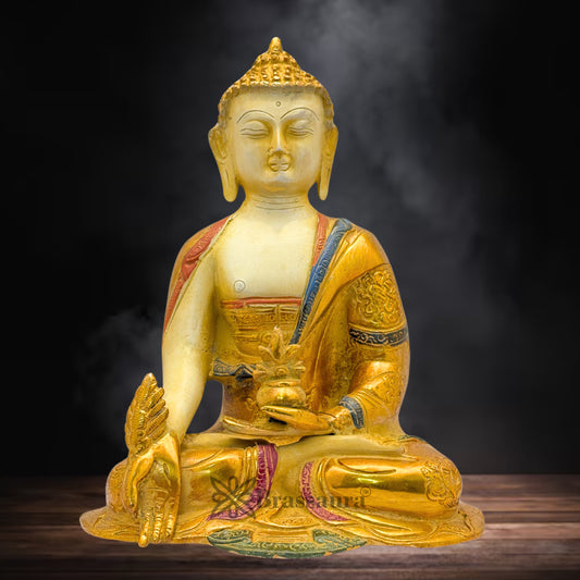 Brass Multi Colored White & Gold Patina Finish Buddha Weight 3.3 Kg & Height 10 Inch