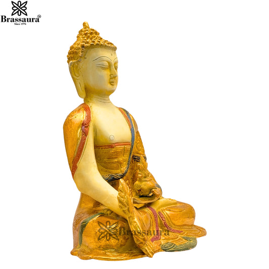 Brassaura® Buddha Seated Meditation Idol with White & Gold Patina Multicolor Finish | Pure Superfine Brass Handcrafted Murti | Brass Statue for Home Temple, Pooja Room | Height 10 Inches | Weight 3.3 Kgs