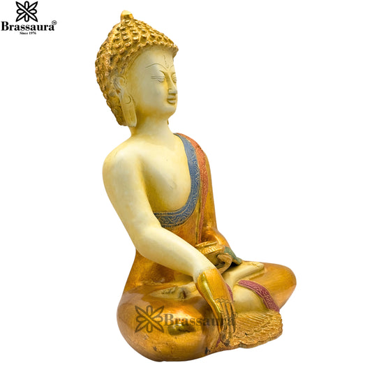 Brassaura® Buddha Seated Meditation Idol with White & Gold Patina Multicolor Finish | Pure Superfine Brass Handcrafted Murti | Brass Statue for Home Temple, Pooja Room | Height 12 Inches | Weight 5.5 Kgs