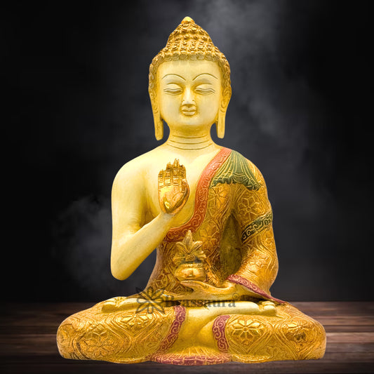 Brass Multi Colored White & Gold Patina Finish Buddha Weight 3.5 Kg & Height 10 Inch