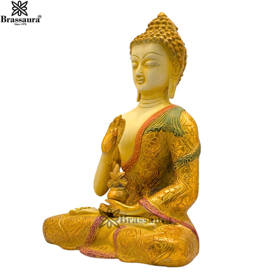 Brassaura® Buddha Seated Meditation Idol with White & Gold Patina Multicolor Finish | Pure Superfine Brass Handcrafted Murti | Brass Statue for Home Temple, Pooja Room | Height 10 Inches | Weight 3.5 Kgs