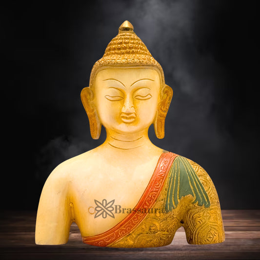 Brass Multi Colored White & Gold Patina Finish Buddha Weight 1.6 Kg & Height 7.5 Inch