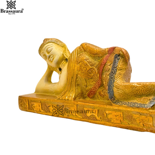 Brassaura® Relaxing Buddha Idol with White & Gold Patina Multicolor Finish | Pure Superfine Brass Handcrafted Murti | Brass Statue for Home Temple, Pooja Room | Height 3 Inches | Weight 1.05 Kgs