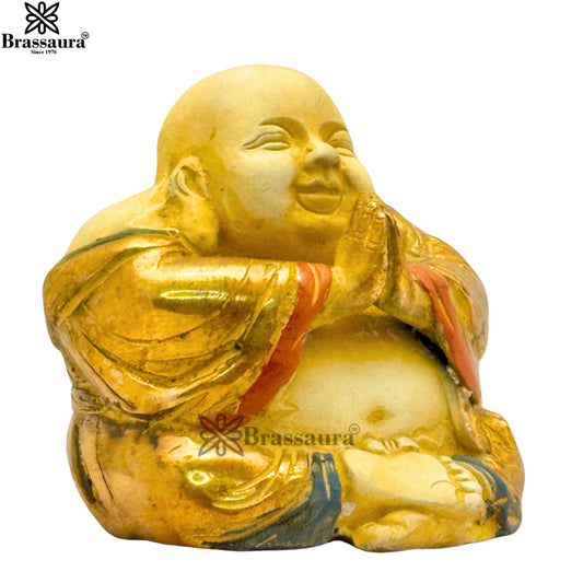 Brassaura® Lucky Laughing Buddha Idol with White & Gold Patina Multicolor Finish | Pure Superfine Brass Handcrafted Murti | Brass Statue for Home Temple, Pooja Room | Height 4 Inches | Weight 1.4 Kgs