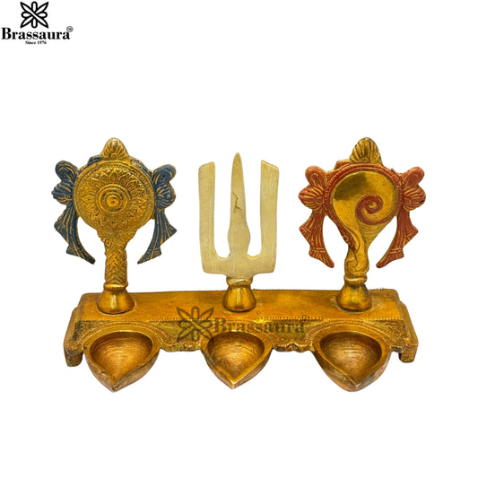 Brass Multi Colored Gold & White Patina Finish shankh chakra Diya Weight 1.5 Kg & Height 5.5 Inch