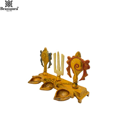 Brass Multi Colored Gold & White Patina Finish shankh chakra Diya Weight 1.5 Kg & Height 5.5 Inch