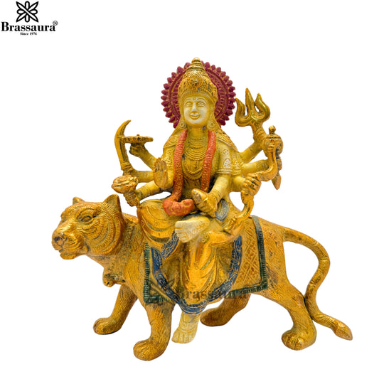 Brassaura™ Brass Multi Colored White & Gold Patina Finish Durga Height 3.5 Inches & Weight 3 Kgs