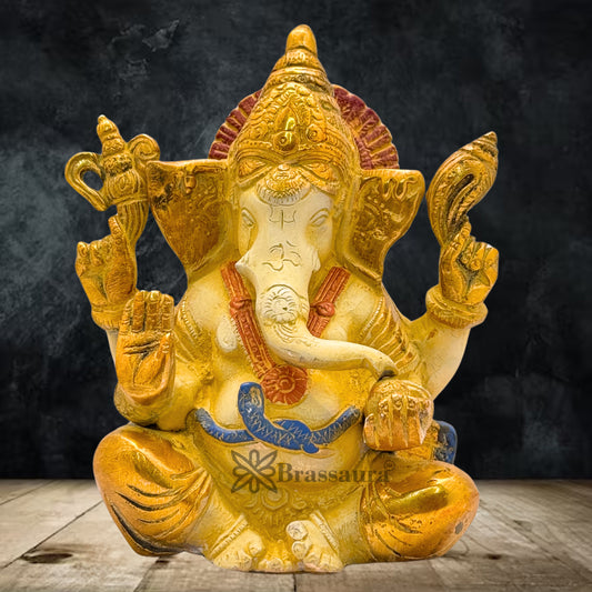 Brass Multi Colored White & Gold Patina Finish ganesha Weight 2.1 Kg & Height 6.5 Inch