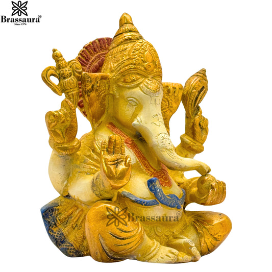 Brassaura® Brass Multi Colored White & Gold Patina Finish ganesha Height 6.5 Inches