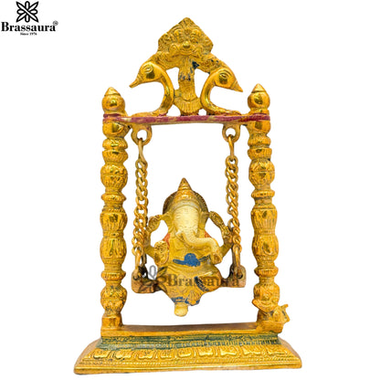 Brass Multi Colored White & Gold Patina Finish Jhula ganesha Weight 1.9 Kg & Height 9 Inch