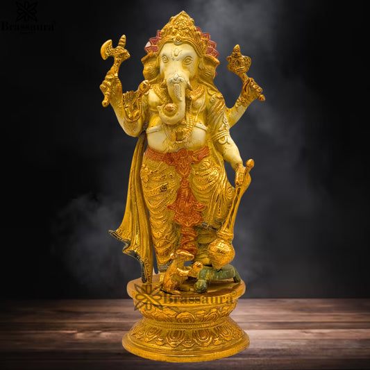 Brass Multi Colored White & Gold Patina Finish Standing ganesha Weight 3.6 Kg & Height 11.5 Inch
