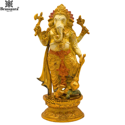 Brass Multi Colored White & Gold Patina Finish Standing ganesha Weight 3.6 Kg & Height 11.5 Inch