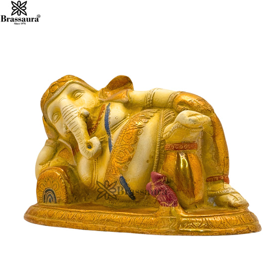 Brassaura® Brass Multi Colored White & Gold Patina Finish relaxing ganesha Height 4 Inches