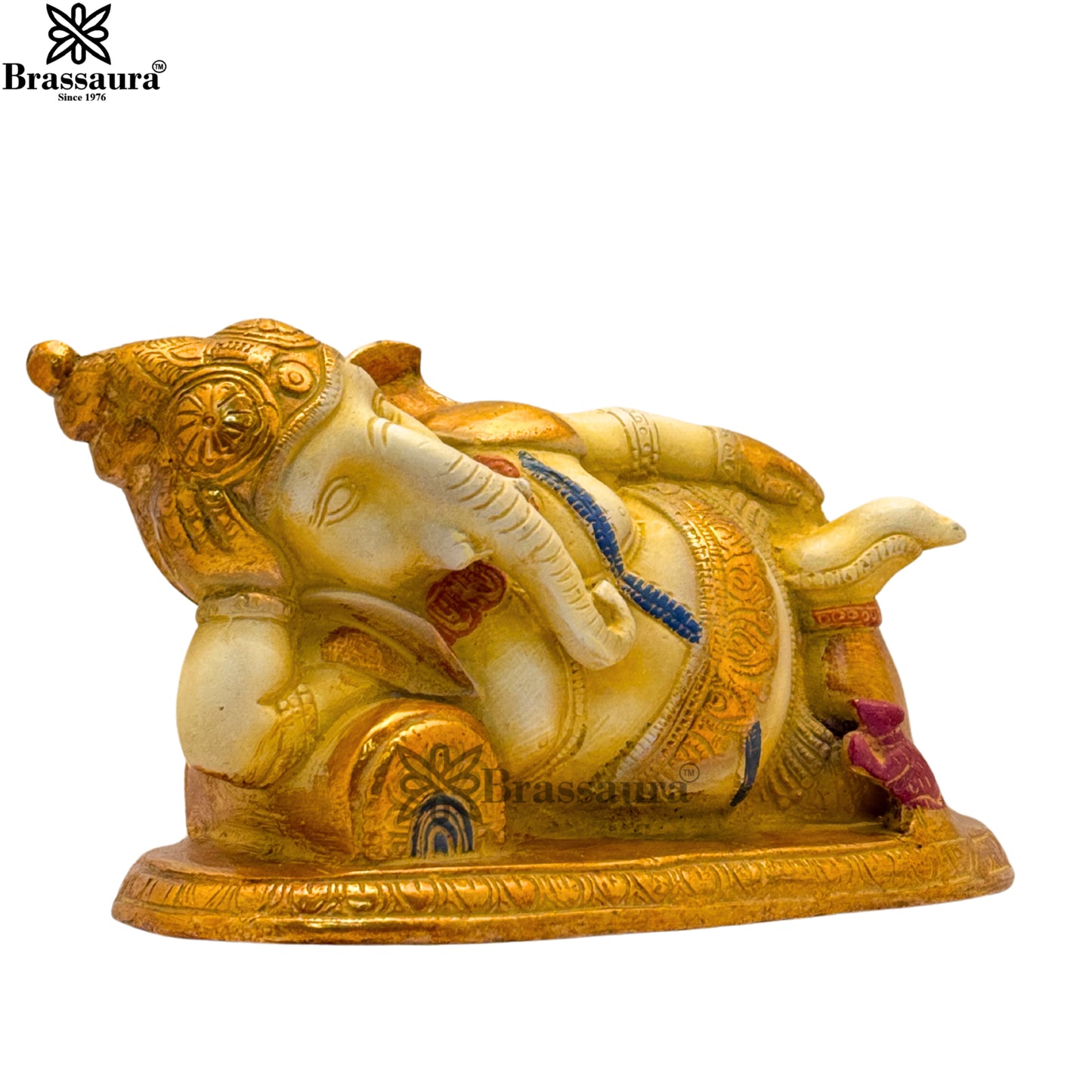Brass Multi Colored White & Gold Patina Finish relaxing ganesha Weight 2.4 Kg & Height 4 Inch