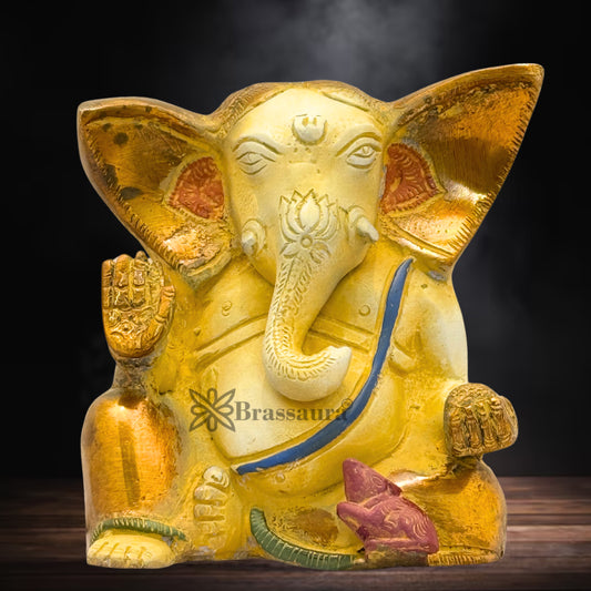 Brass Multi Colored White & Gold Patina Finish ganesha Weight 1.2 Kg & Height 4.5 Inch