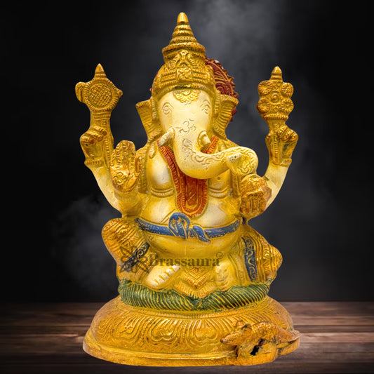 Brass Multi Colored White & Gold Patina Finish ganesha Weight 2.2 Kg & Height 8 Inch