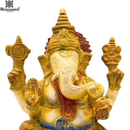 Brass Multi Colored White & Gold Patina Finish ganesha Weight 2.2 Kg & Height 8 Inch
