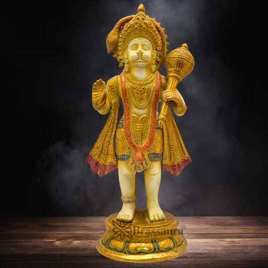 Brass Multi Colored White & Gold Patina Finish standing Hanuman Weight 4.1 Kg & Height 12.5 Inch