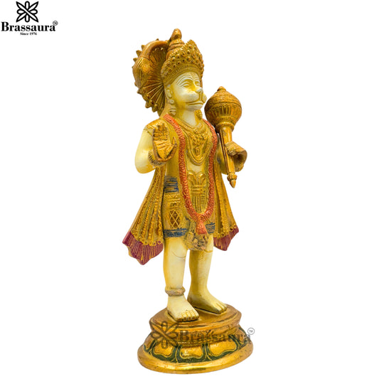 Brassaura® Brass Multi Colored White & Gold Patina Finish Standing Hanuman, Height 12.5 Inches | Handcrafted Idol