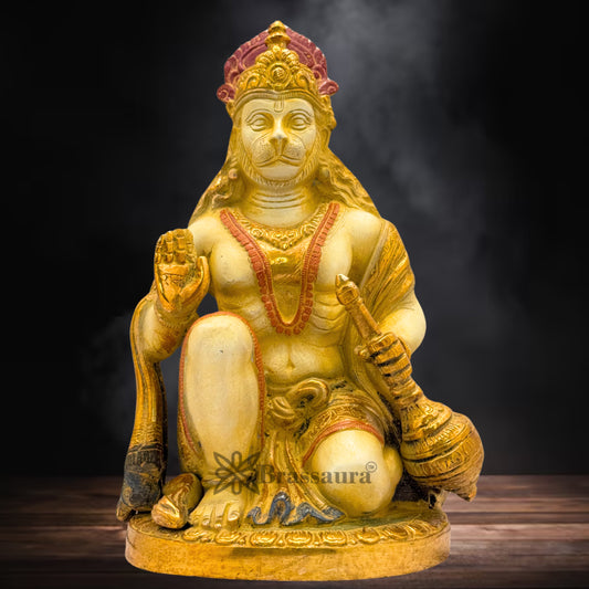 Brass Multi Colored White & Gold Patina Finish Hanuman Weight 3.3 Kg & Height 9 Inch