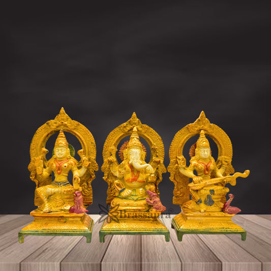 Brass Multi Colored White & Gold Patina Finish Lakshmi ganesha saraswati Weight 4.6 Kg & Height 7.5 Inch