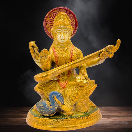 Brass Multi Colored White & Gold Patina Finish Saraswati Weight 0.9 Kg & Height 5 Inch
