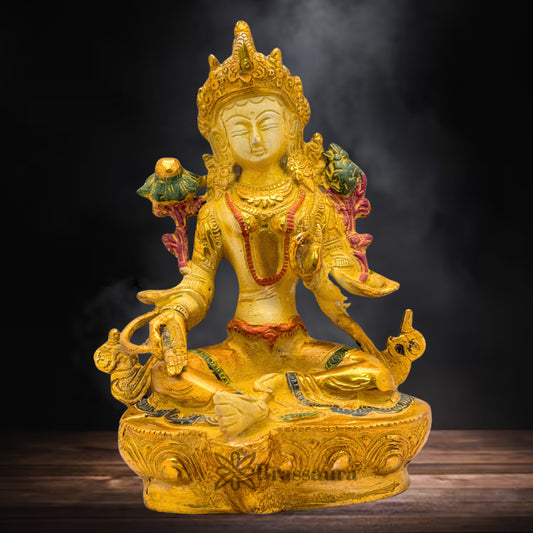 Brass Multi Colored White & Gold Patina Finish Tara Weight 1.9 Kg & Height 8 Inch