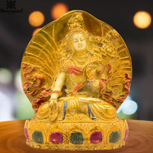 Brass Multi Colored White & Gold Patina Finish Tara Weight 1.7 Kg & Height 5.8 Inch