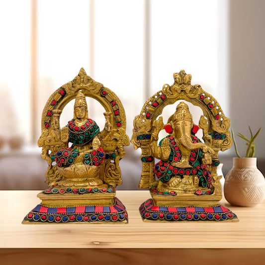 Brass Gem Stone Work Laxmi Ganesha Murti for Home and Decor Height 10 cm Weight 3 Kg.