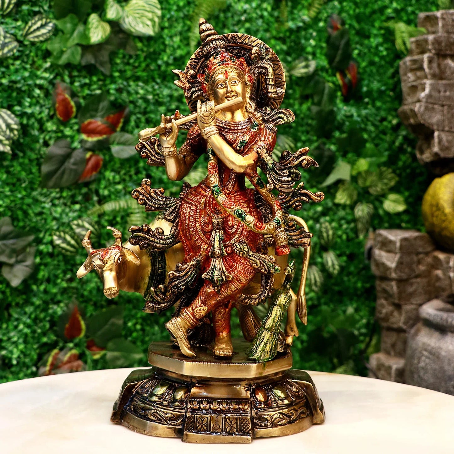 Brassaura® Brass Krishna with Cow Colorful Idol | Height 15 Inches