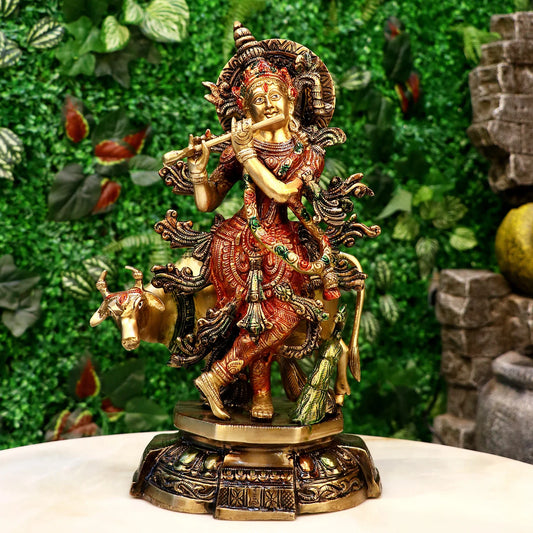 Brassaura® Brass Krishna with Cow Colorful Idol | Height 15 Inches