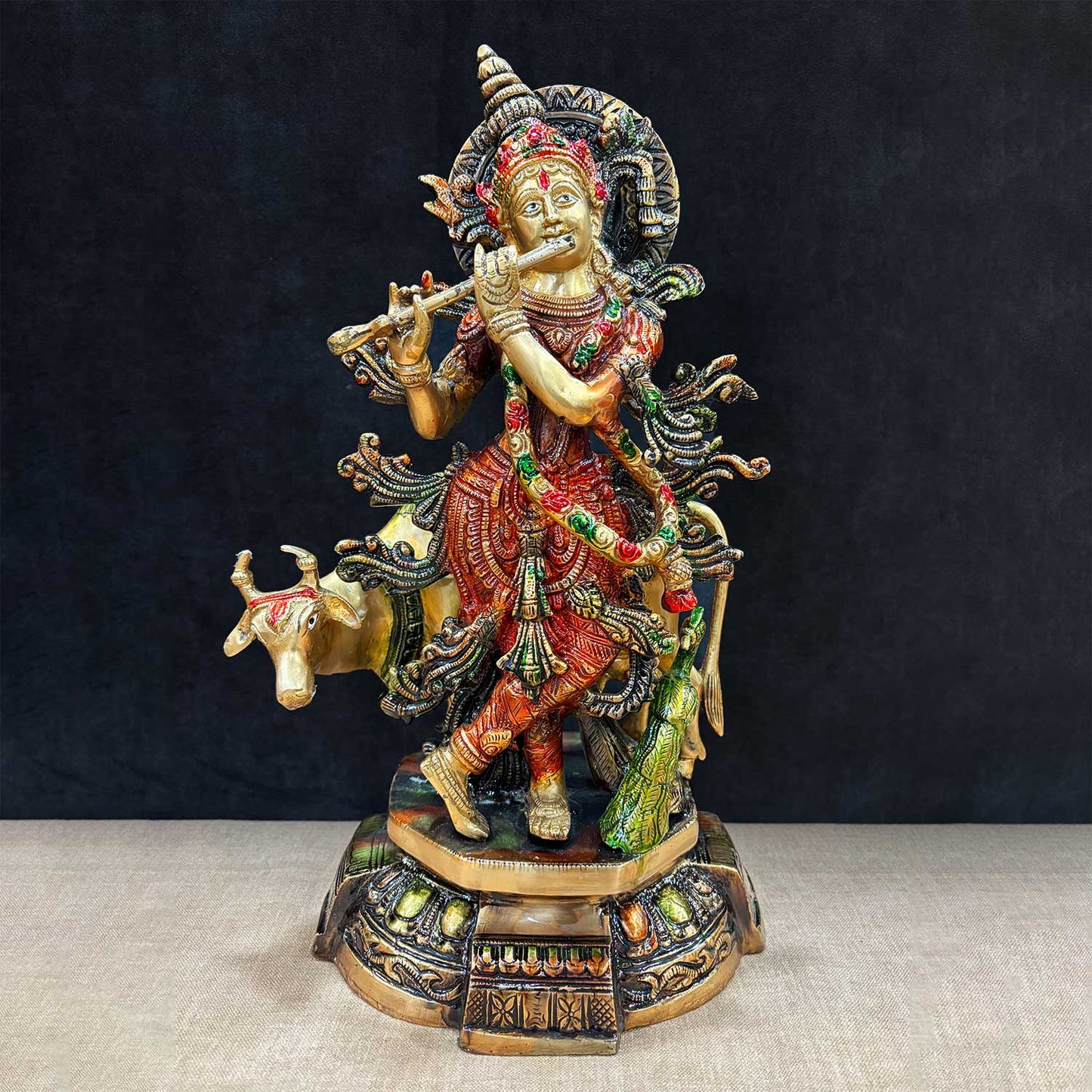 Brassaura® Brass Krishna with Cow Colorful Idol | Height 15 Inches