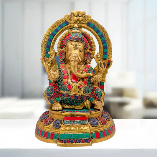 Brass Ring Ganesha Statue For Home Decor Weight 5.6 Kg And Height 33 Cm