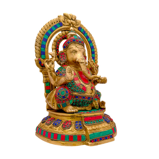 Brassaura Gemstone-Embellished Brass Ganesha Statue for Home & Temple Décor | Height 13 Inches