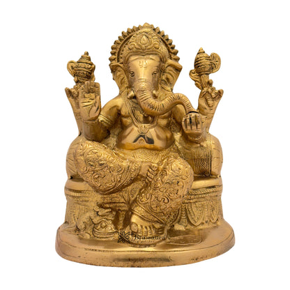 Brassaura™ Brass Golden Ganesha in Blessing Posture with Mooshak – Height 8.27 inches | Weight 2.7 kgs
