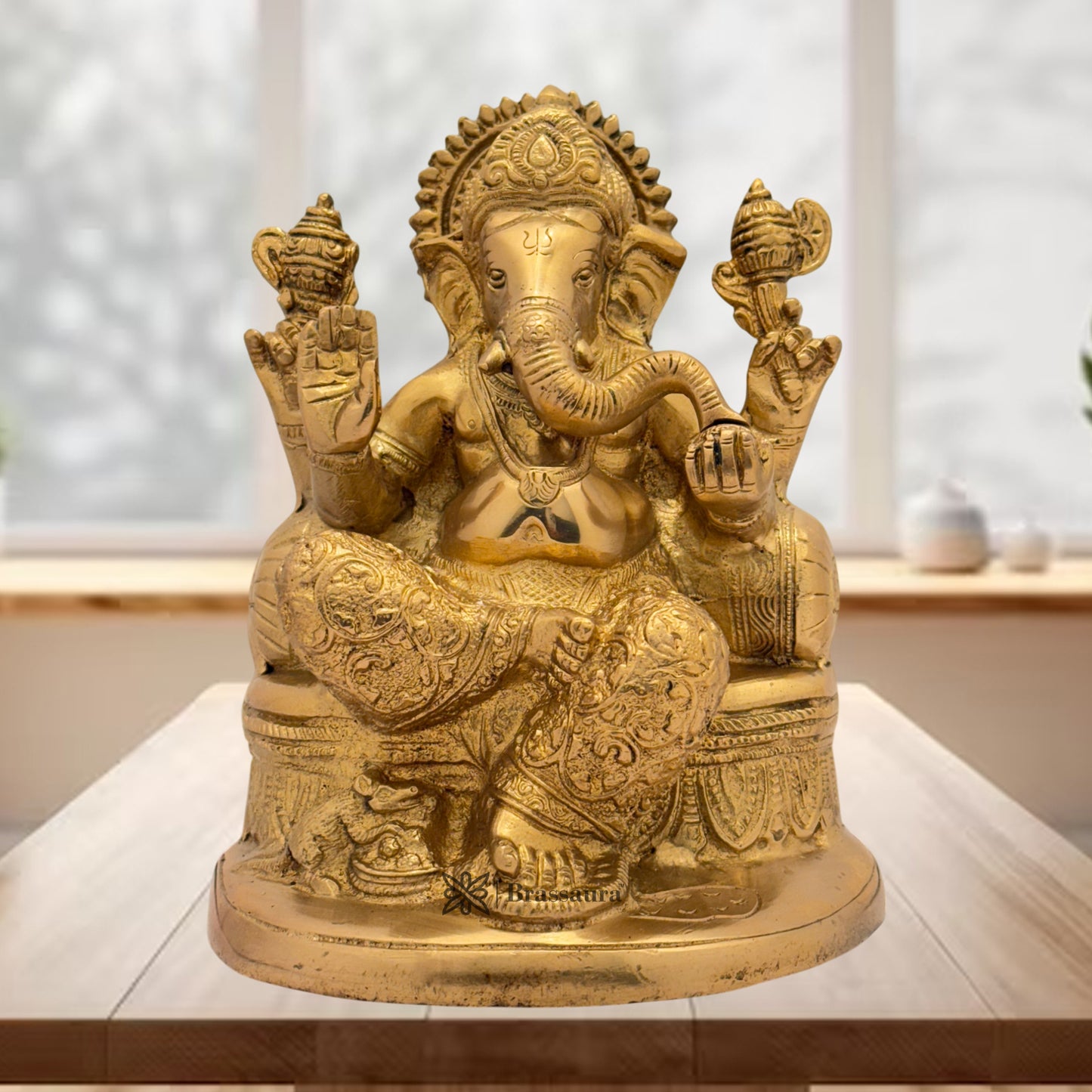 Brassaura™ Brass Golden Ganesha in Blessing Posture with Mooshak – Height 8.27 inches | Weight 2.7 kgs