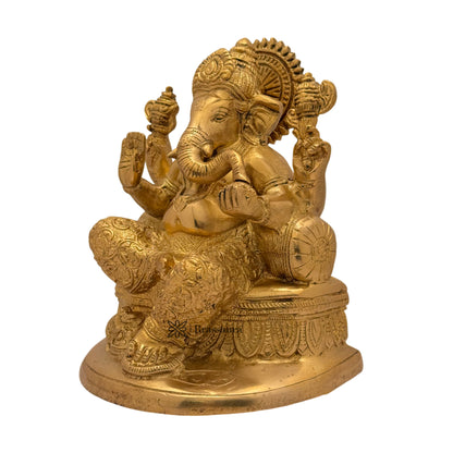 Brassaura™ Brass Golden Ganesha in Blessing Posture with Mooshak – Height 8.27 inches | Weight 2.7 kgs