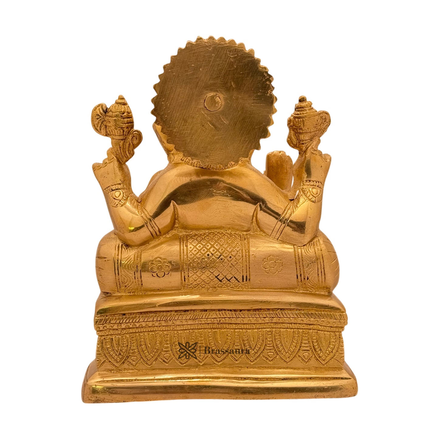 Brassaura™ Brass Golden Ganesha in Blessing Posture with Mooshak – Height 8.27 inches | Weight 2.7 kgs